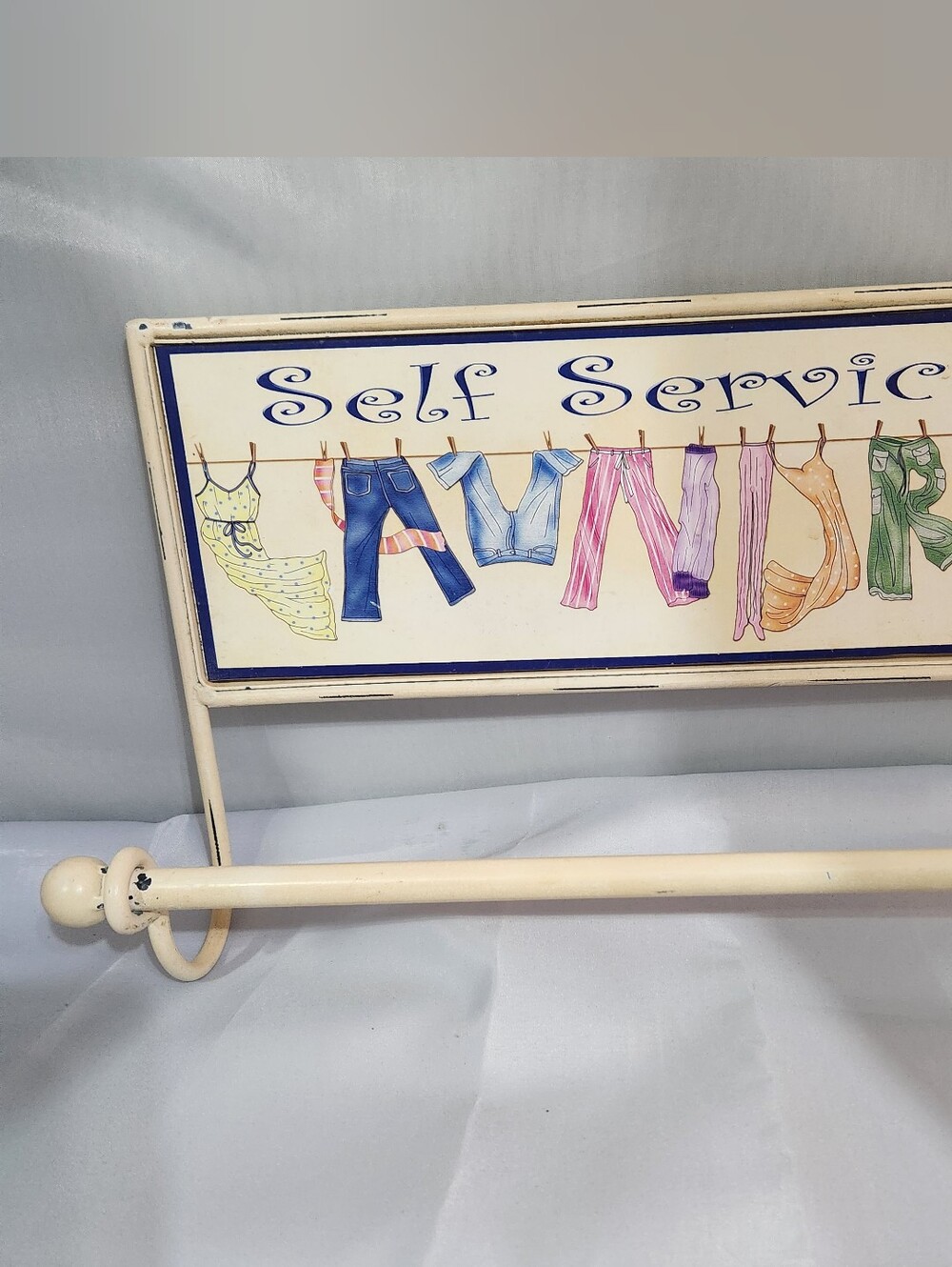 Self Service Cream Metal Wall Sign with Laundry Illustration